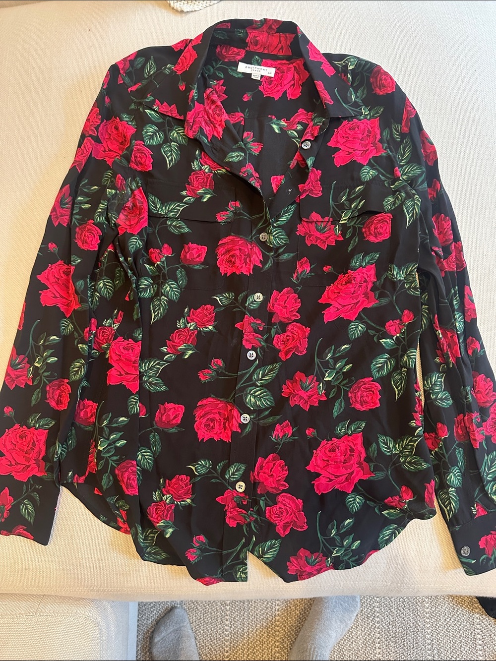 Equipment Black Blouse with Red Rose Print